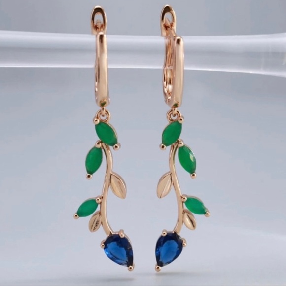 Natural Green and Blue Zircon Flower Drop Earrings 585 Rose Gold Plated New - Picture 3 of 8